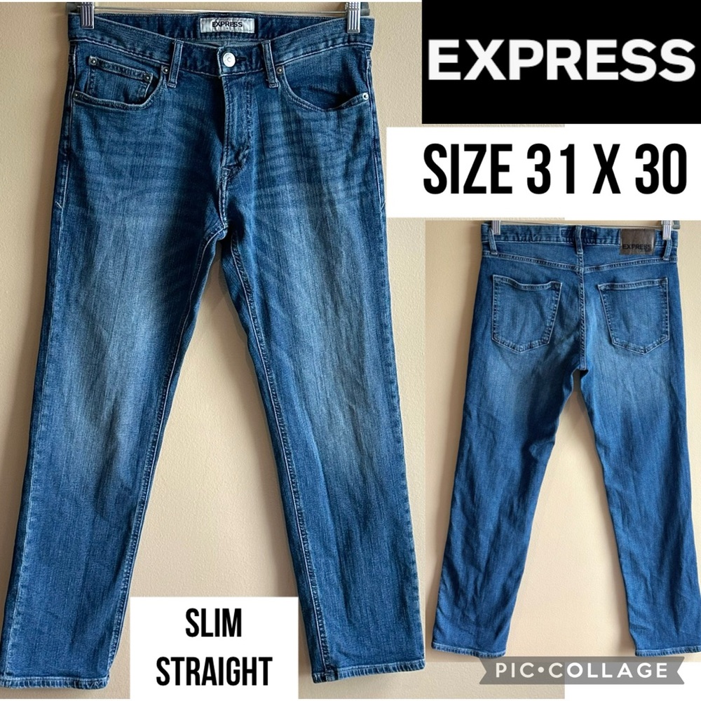 Express Mens Jeans Slim Straight Leg Stretch Dark Wash Distressed Size 31 X 30